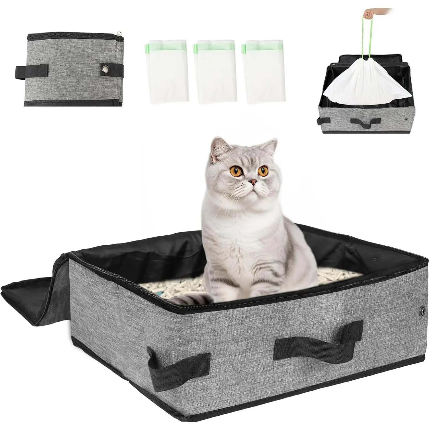 Compact Portable Travel Cat Litter Box with Zipped Lid, 3 Disposable Liner Bags, Easy Cleaning, Suitable for Pets Up to 15lbs, for Car & Camping Use, Grey, Portable Use, With Liners