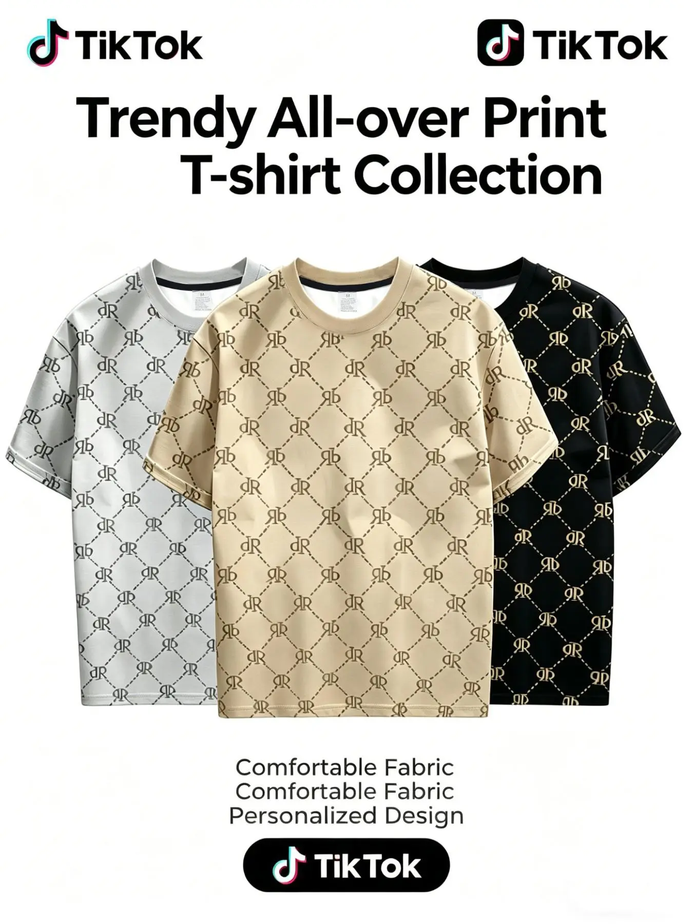 3-Piece Classic Floral Print Matching T-Shirts, Trendy 3D Digital Full Print Houndstooth, Summer Luxury Casual Tops, Slim-Fit Short Sleeve, Streetwear