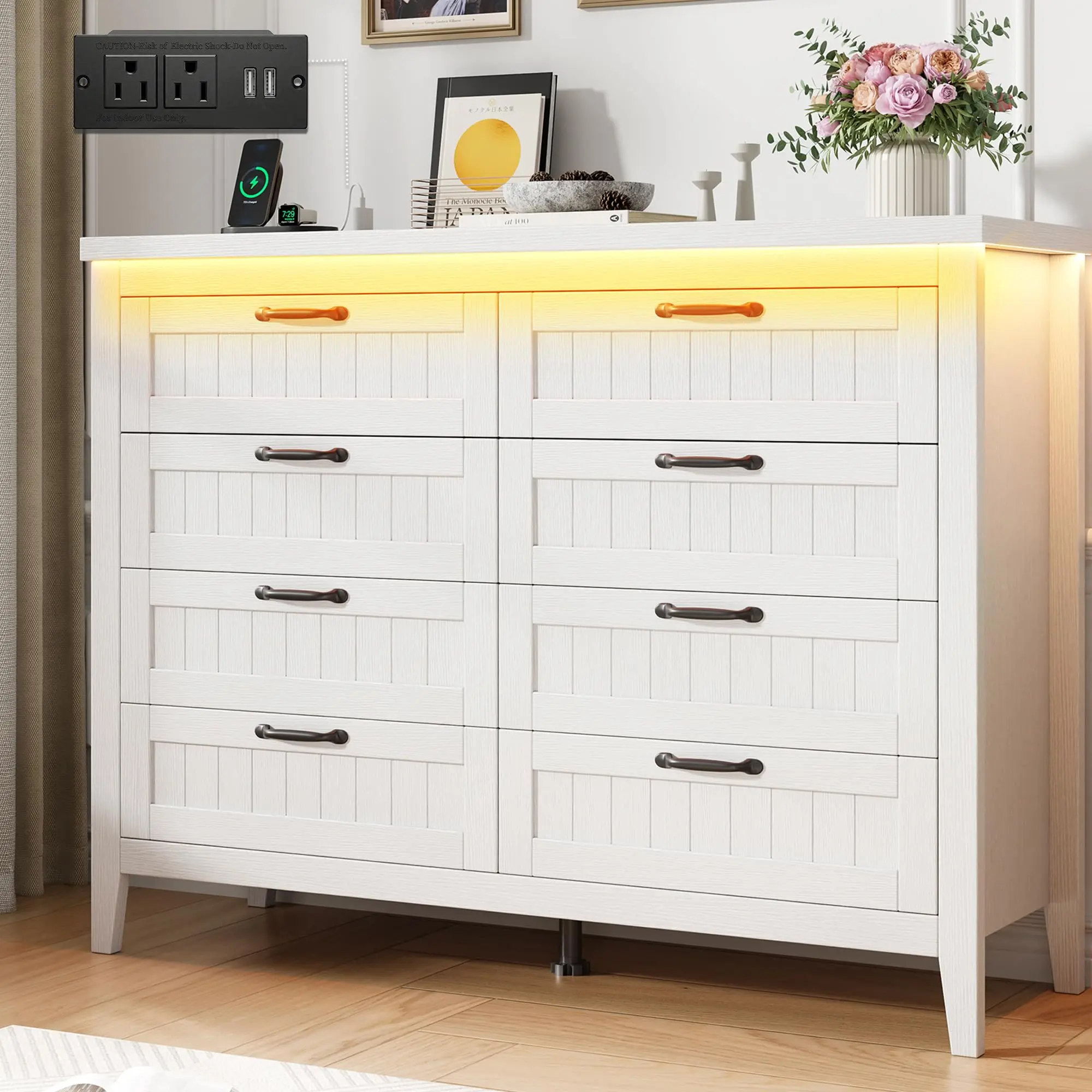 Garvee Modern Wooden Bedroom Dresser with 3, 5，6, or 8 Drawers - LED Lights & Charging Station - Slim Bedside Table & Chest