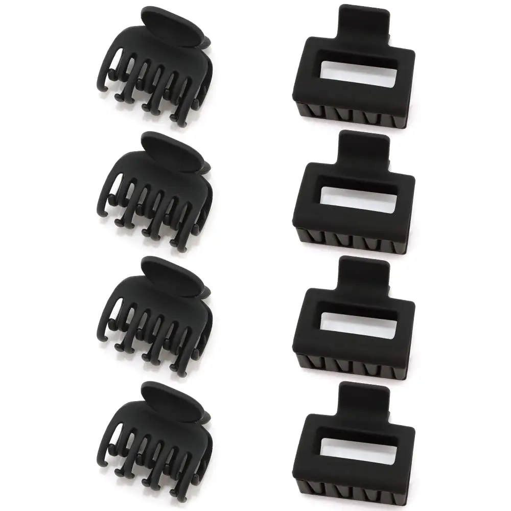 Small Black Clips, 8 count Cute 2" Square and 1.5" Double Row  Matte Medium Mini Claw Clips for Thick, Thin, Fine Hair
