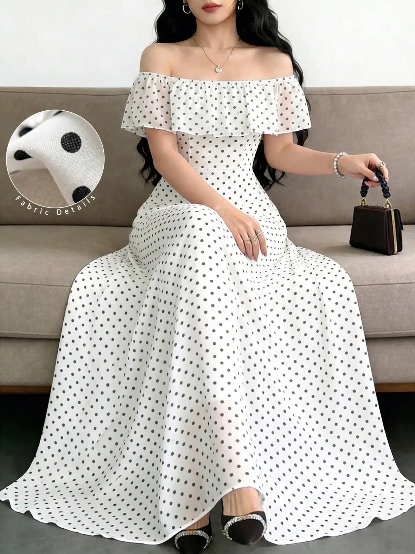 French Polka Dot One-Shoulder Dress, Elegant Chic High-Waisted Long Dress, Lightweight Flowy Fabric, Perfect for Dates, Beach, Parties