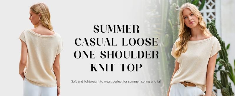 Saodimallsu Women's Off Shoulder Short Sleeve Knit Sweater Top Trendy One Shoulder Knitted Tank Top for Spring & Summer Outfits Soft Lightweight