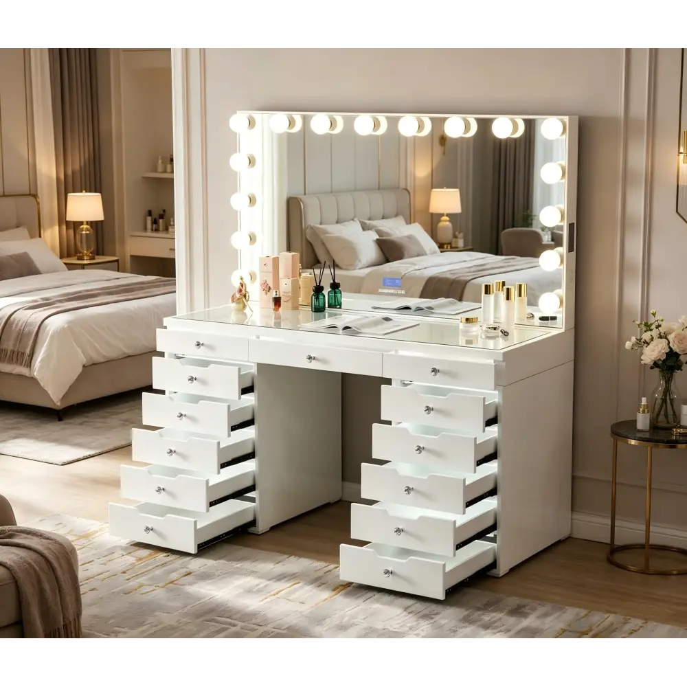Hollywood-Style 59-Inch Extra-Large Vanity Table with LED Mirror (3 Lighting Modes) & 13 Spacious Drawers (Motion-Activated Interior Lighting) — Features Built-in US-Standard Outlets, USB Charging Ports, and Seamless Bluetooth Connectivity.