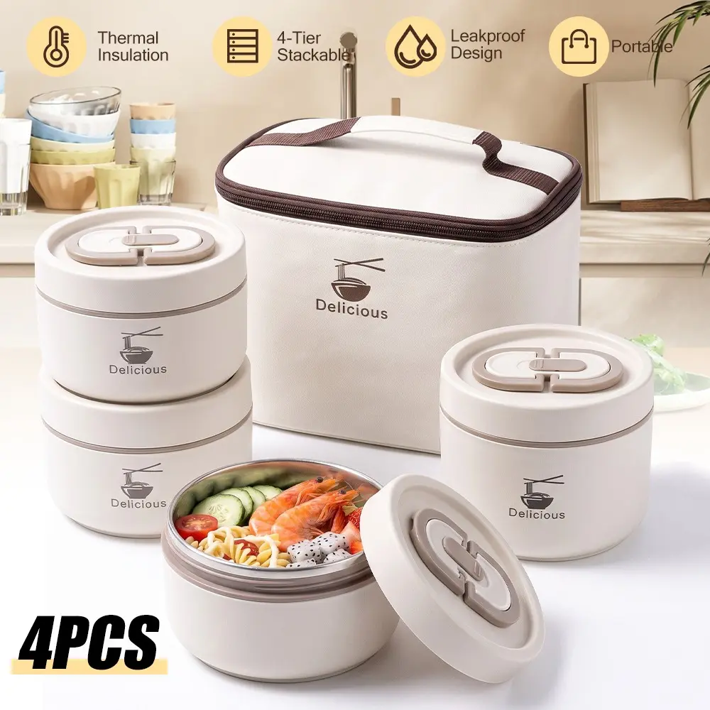 4 Pcs Portable Insulated Lunch Container Set for Adult, Stackable Stainless Steel Bento Box for Hot Food with Insulated Lunch Bag Unisex 4 Separate Thermal Food Container