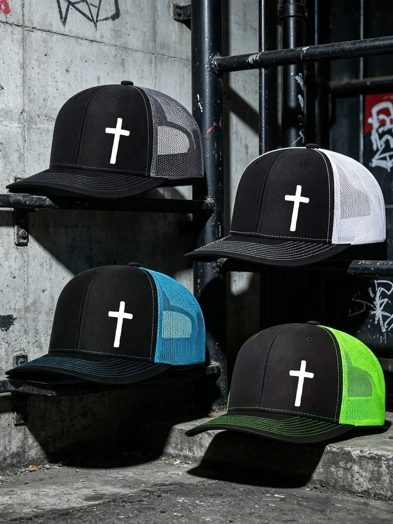 4pcs Unisex Baseball Cap Cross Printing Hat Mesh Hats for Mens Women Richardson Slightly Curved Brim Baseball Cap Adjustable Trucker Hats Dad Hats Outdoor Mesh Breathable Sun Hat