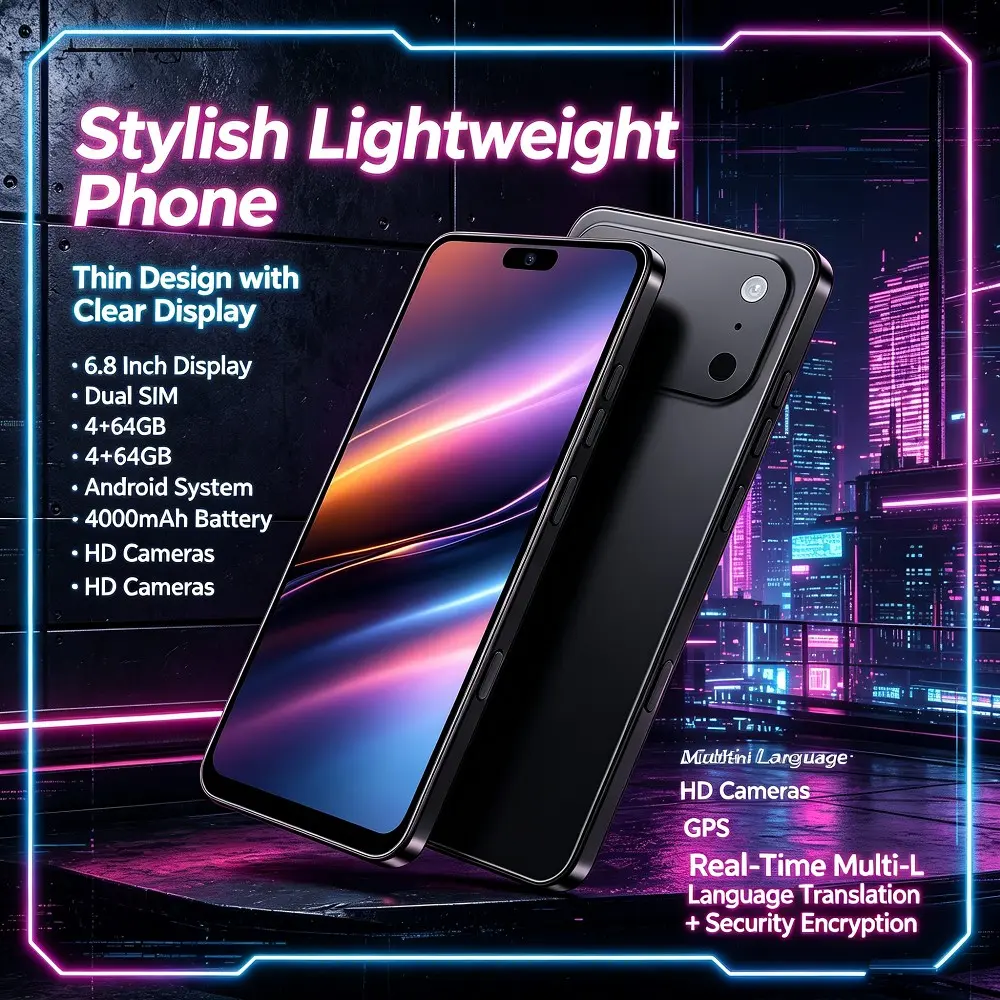 6.8 Inch Slim Smartphone, 4+64GB Dual Sim, Android Os, 4000mah Battery, HD Cameras, GPS Navigation, Multilingual Translation, Privacy Secure