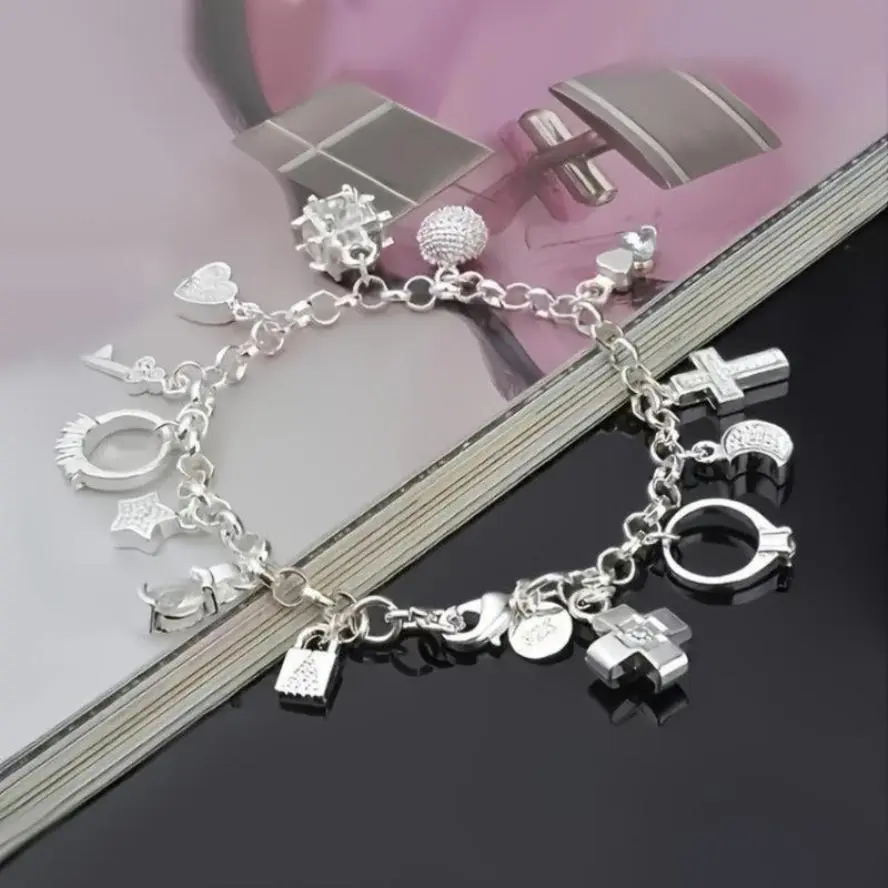 925 Sterling Silver Charm Bracelet – Heart & Key Dainty Cuban Link with 13 Charms, Boho Chic Jewelry Gift for Women