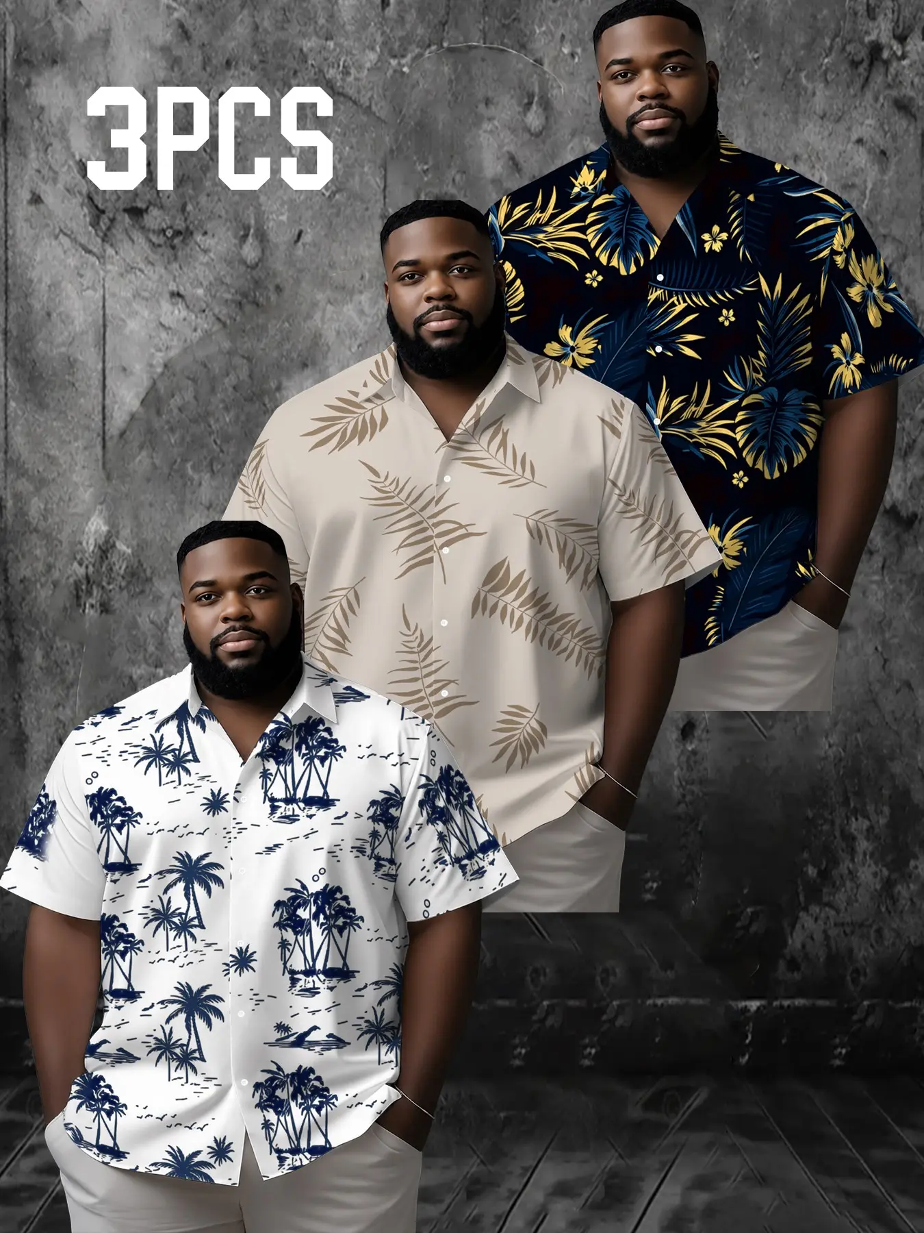 3-Pack Plus Size Men's Casual Tropical Hawaiian Shirts, Lightweight Polyester Short Sleeve All Over Print Summer Tops, Ideal for Casual Wear, Comfortable and Stylish