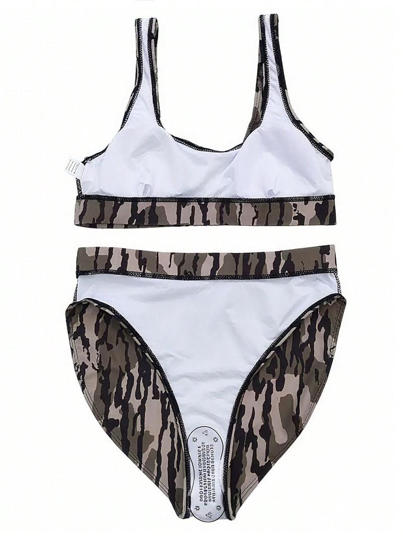 2Pcs Camo Print Sport Traning Top&Shorts Suit Set for Women Sleeveless Top & Shorts Set Summer Beach Swimwear Swimwear Summer Sleeveless Shorts Swimsuit Set Camo Brown Bathing Suit Clothing