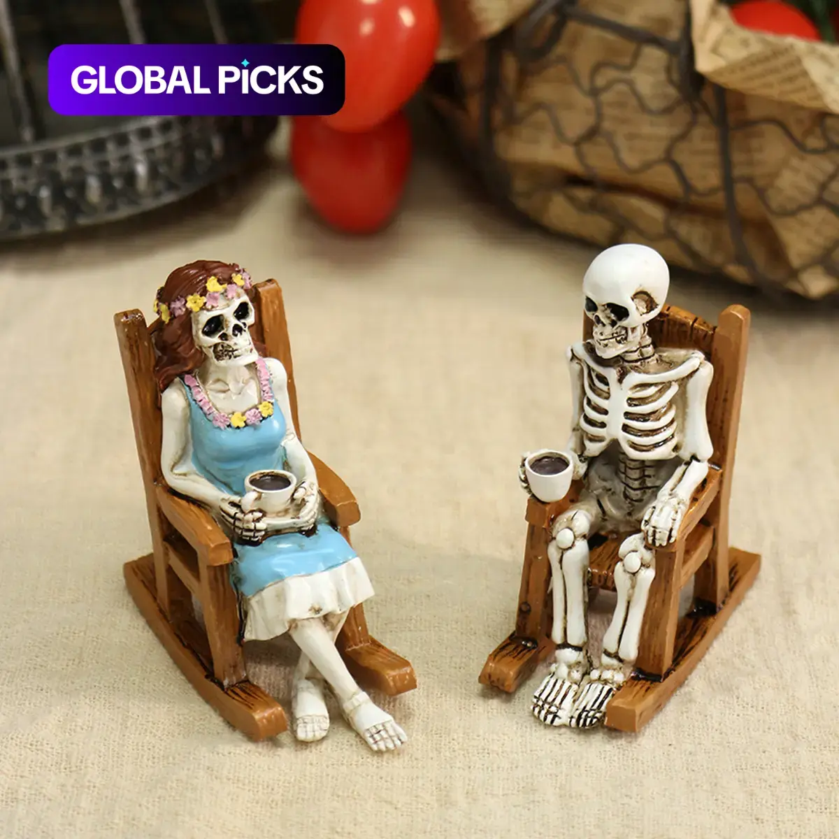 2pcs Skeleton Couple Drinking Coffee Decorative Garden Sculptures Statues, Garden Accessories, Gothic Halloween Home Decor, Antique Art Style Low Bubble Resin Craft #GLOBAL PICKS