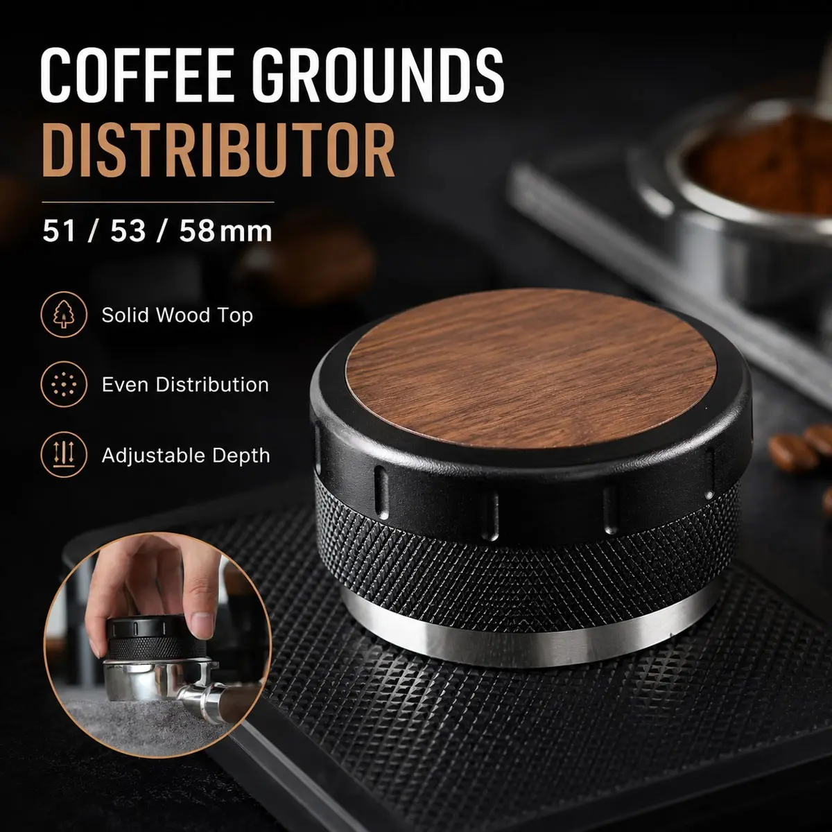 1PCS ProfessionalWalnut Handle Espresso Tamper - Heavy DutyStainless Steel Portafilter Tamper, Applicable to 51/53/58mm Specification, barista coffee station equipment, Barista Coffee Accessories, Coffee Making Tools, Espresso Tools for Perfect Crema