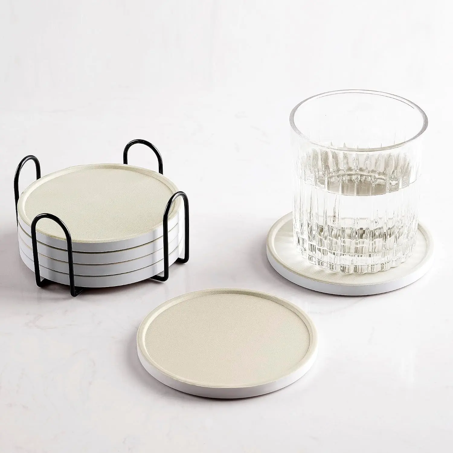 Set of 6 Beige Coasters with Holder, Absorbent Ceramic Drink Coasters with Cork Backing for Table Protection, Table Decor, Housewarming Gifts