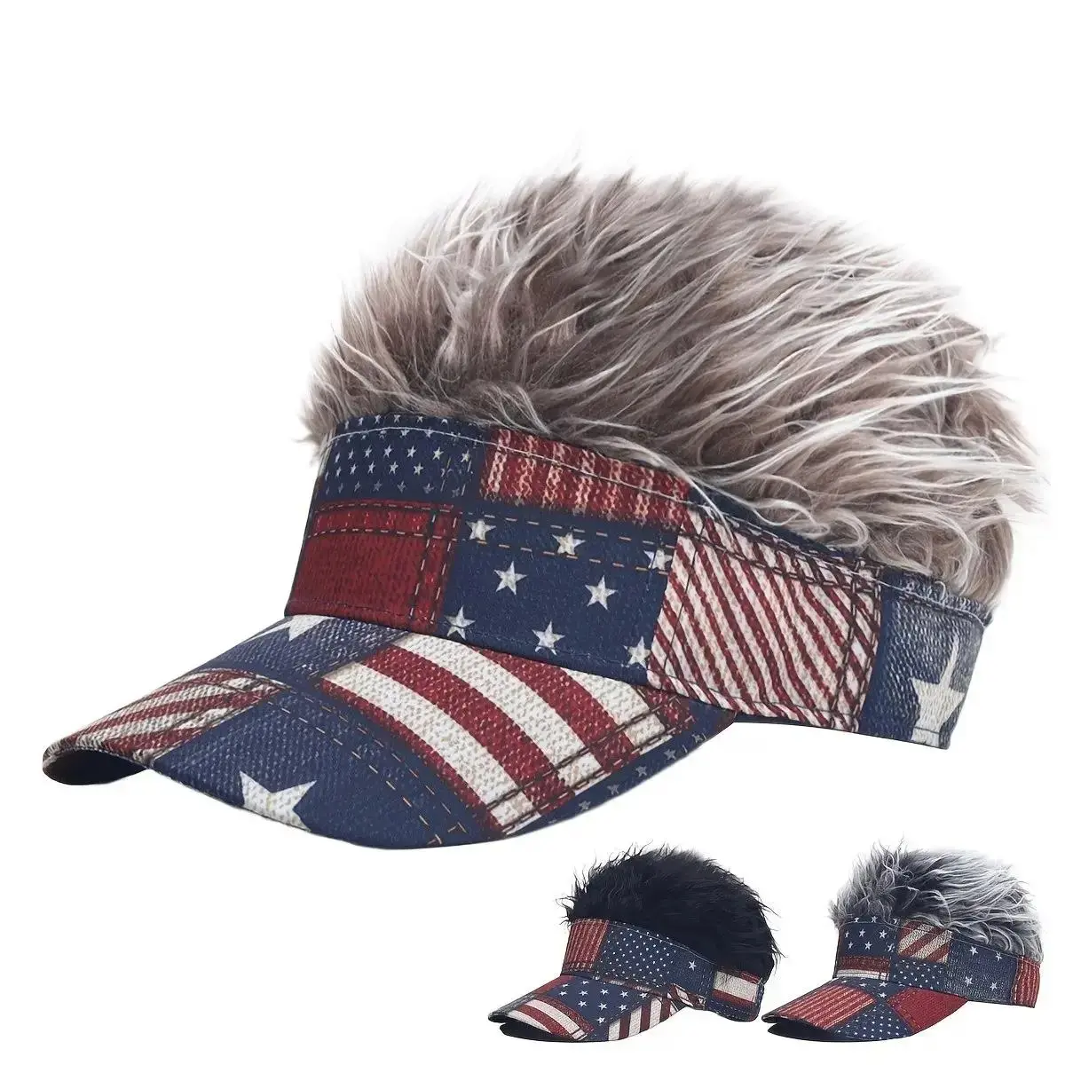 Funny American Flag Wig Visor Hat for Men & Women, Patriotic Sun Visor with Fake Hair, 4th of July Independence Day Costume Hat, Adjustable Novelty Baseball Cap for Party, BBQ, Parade, Outdoor Summer Events & Gag Gift