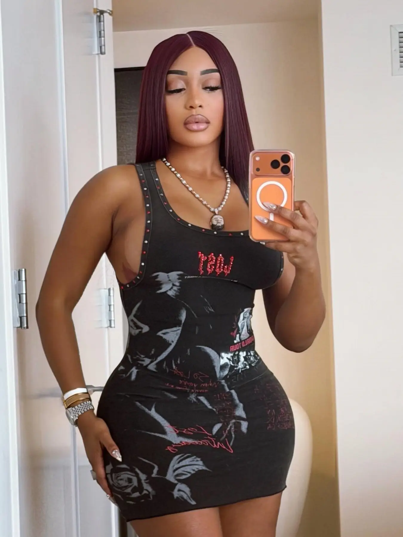 African Style Streetwear Dress, Graphic Print Sleeveless Design, U-Neckline with Studs & Rhinestones, Bodycon Mini Skirt