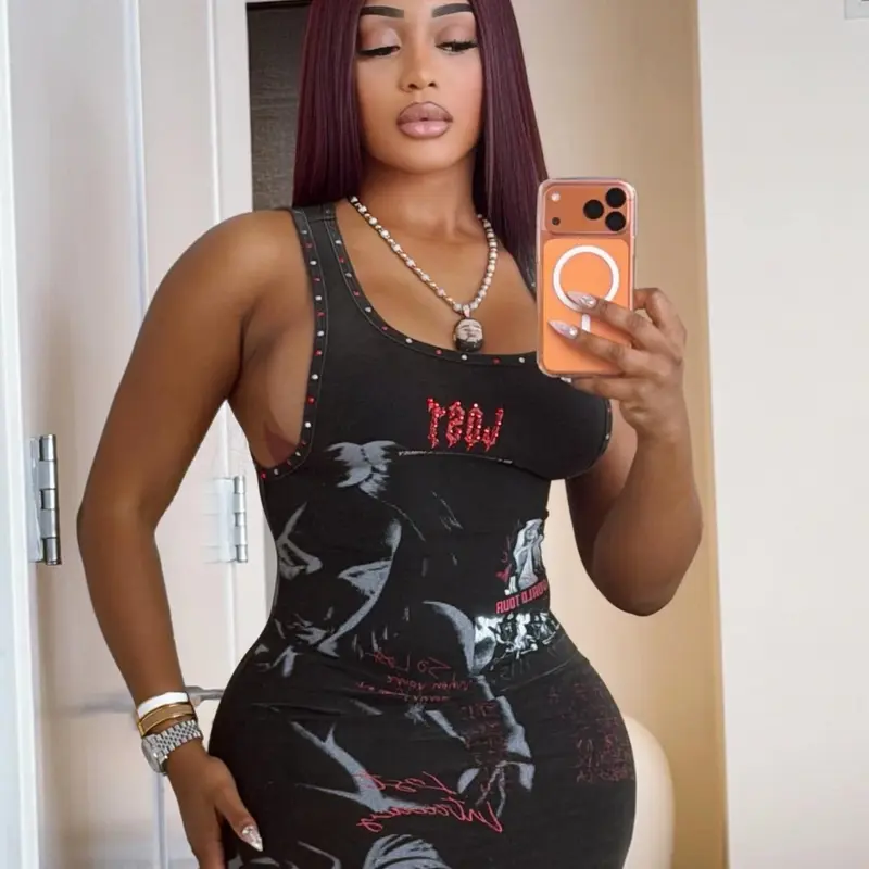 African Style Streetwear, Graphic Print Sleeveless Design, U-Neckline with Studs & Rhinestones, Bodycon Mini Skirt, Bodycon Fitted Dress