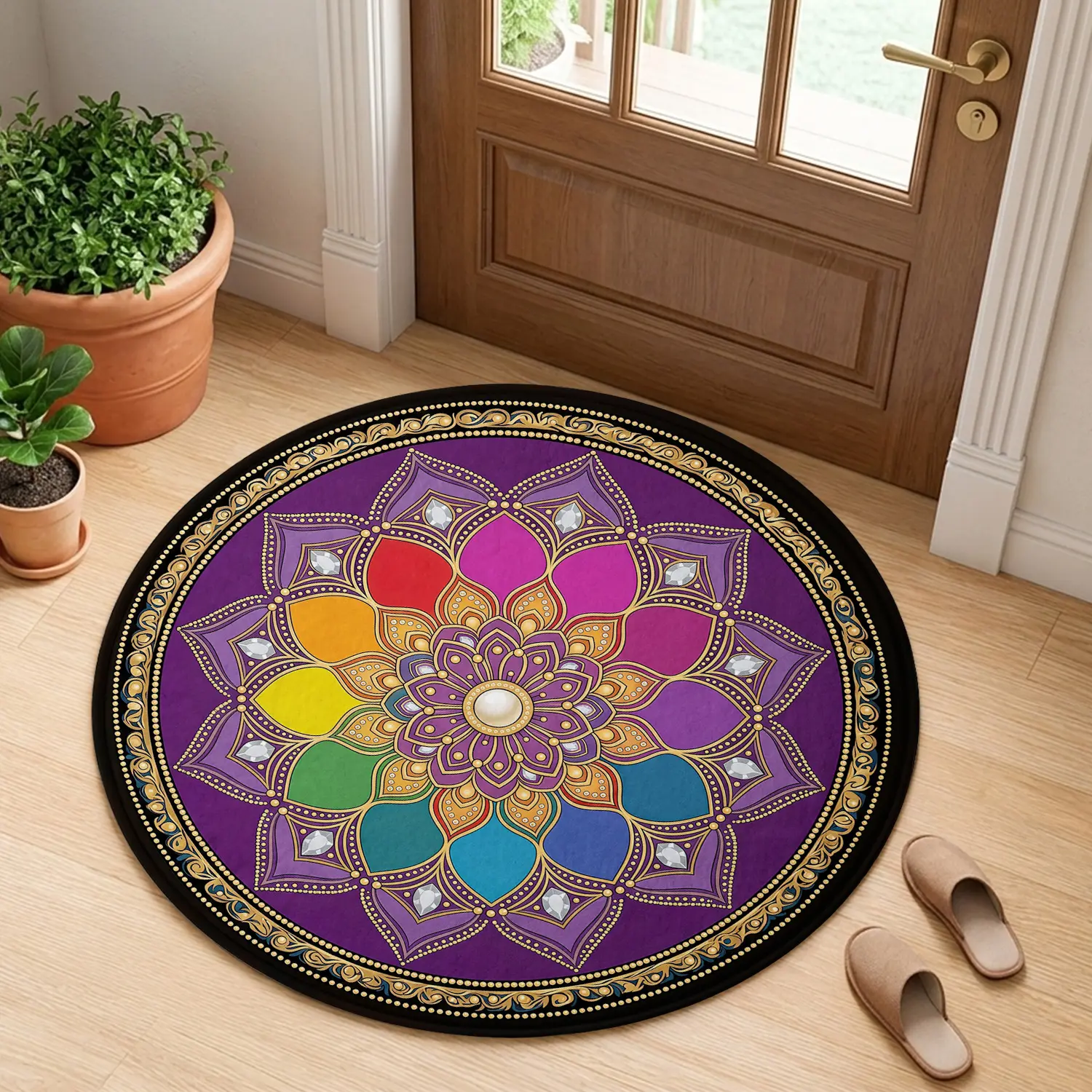 Bohemian Colorful Mandala Lotus Floral Purple Round Area Rug Doormat, Comfortable Soft Plush Flannel Carpet with Non-Slip Backing, Washable Indoor Decorative Floor Mat for Living Room Bedroom Yoga Studio Home Decor, Elegant Boho Aesthetic Circle Rug