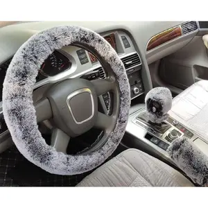 3Pcs/Set Fashion Faux Wool Fur Furry Steering Wheel Cover,Short Hair Soft Fluffy Handbrake Cover,Gear Shift Cover,Universal Thickening Fuzzy Warm Non-Slip Auto Interior (Automatic,Black Grey)