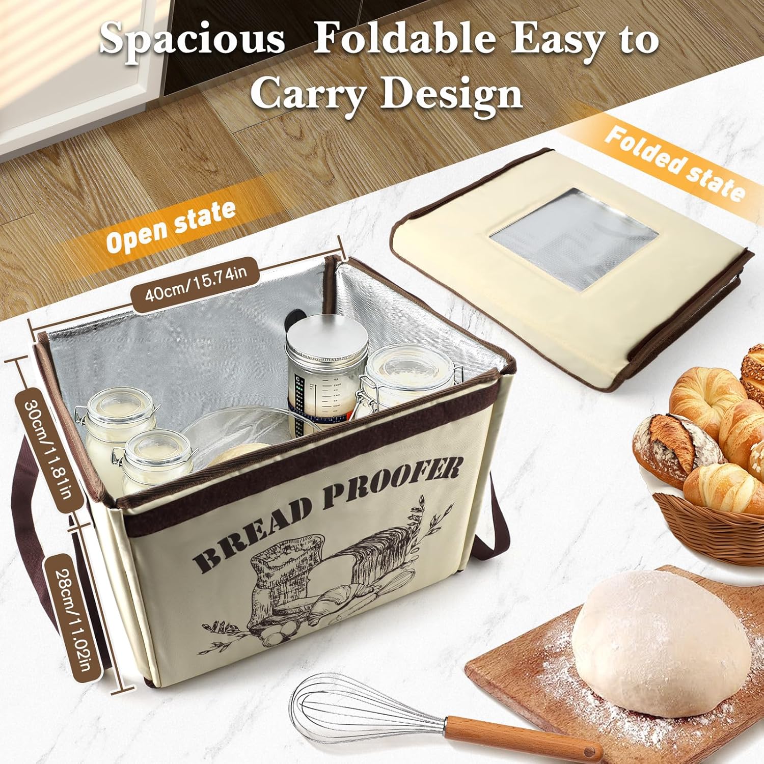 Folding Bread Proofing Box with 50-113? Temp Control, Large Dough Proofing Box with 3-Side Heating  Control 48H Timer, Metal Rack & Tray for Sourdough, Bread Baking, Yogurt, Pizza, Kombucha