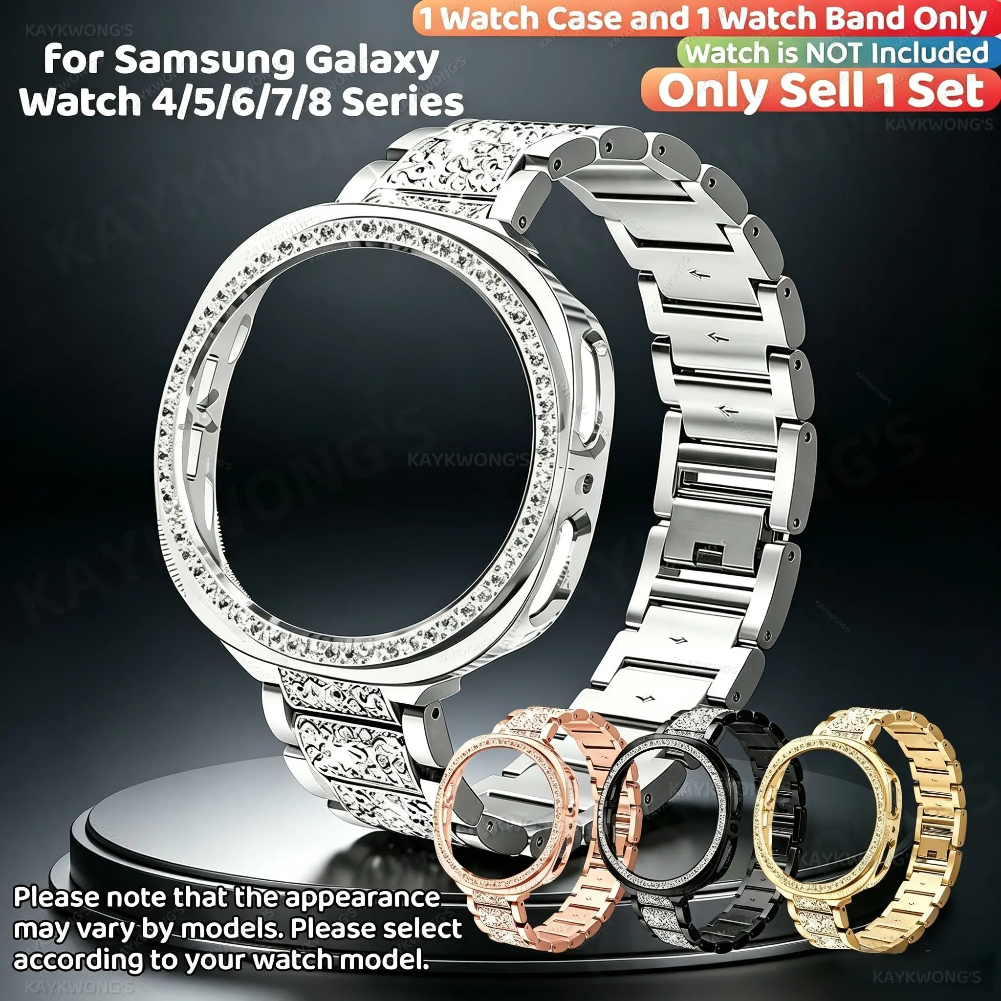 KAYKWONG'S Fashionable Elegant Set, Imitation Diamond Sparkling Watch Strap and Case, Compatible with Samsung Galaxy 4/5/6/7/8, 40mm/44mm, Stylish Premium Band and Case, Smartwatch Accessories, Smart Watch Straps