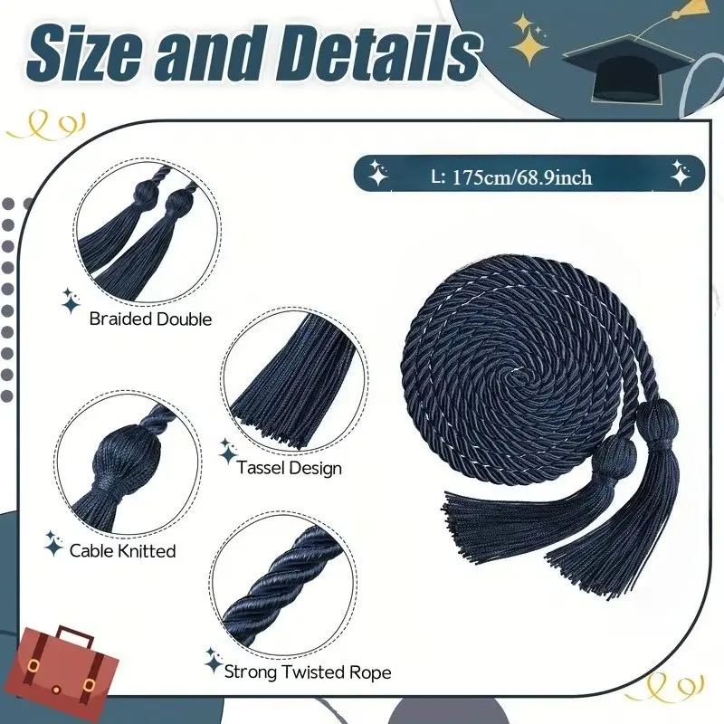 1.75m Long 7mm Thick Graduation Honor Cord, Handwoven Graduate Tassel Rope, Mixed Color Bachelor Cap Lanyard, Perfect for Graduation Season