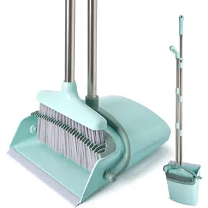 XXXFLOWER Broom and Dustpan Set with Cleaning Teeth, 54.5" Long Handle Indoor Sweeping Combo for Home Office Kitchen, Bluish Green