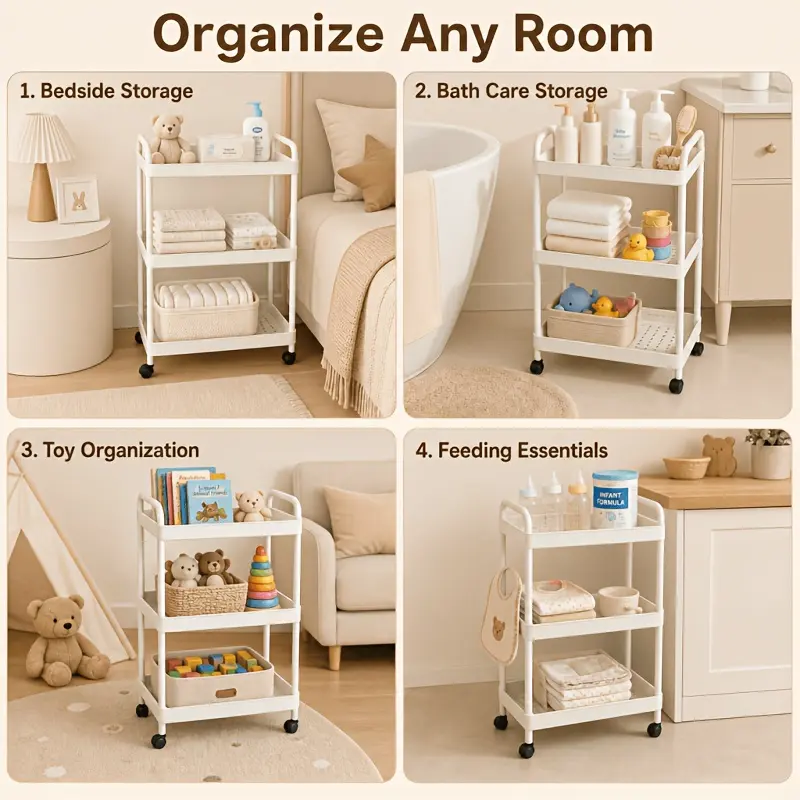 3/4/5-Tier Household Portable Floor Standing Nursing Cart with Handles, Storage Cart, Adjustable Multi-Level Changing Stand for Diapers, Bottles, And More