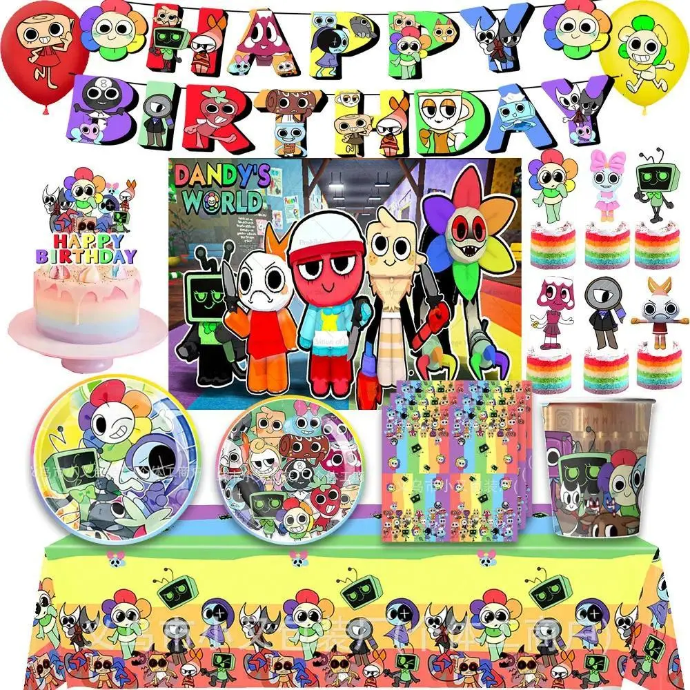 DANDY's World Theme Birthday Disposable Tableware Plate Banner Backdrop Cups Napkins Party Decor Balloon Cake Topper Gifts Props