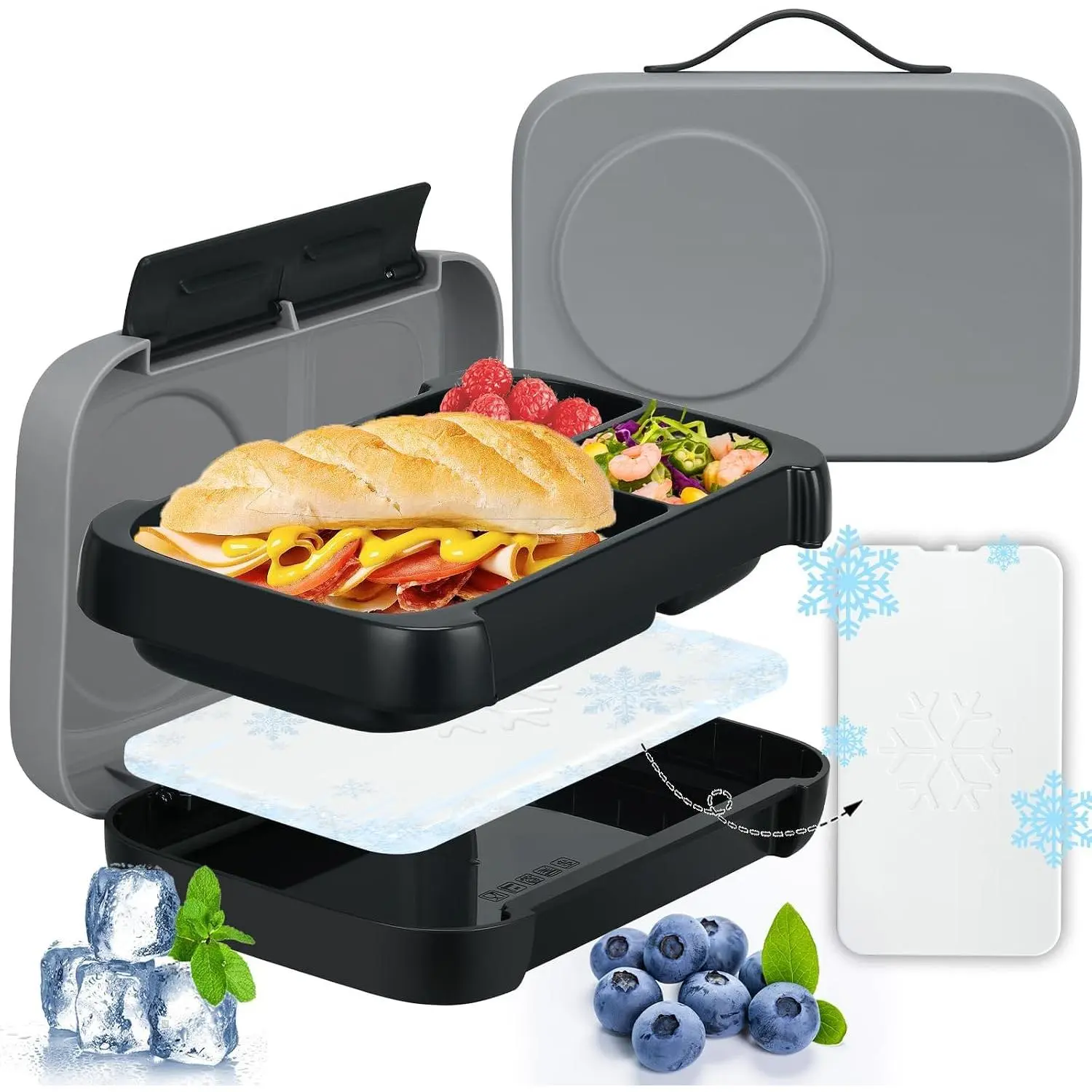 Bento Box for , Bento Lunch Box with -in Ice Pack for School,3 Compartments Leak Proof Lunch Container with Utensils for Girl Boy;,Microwave & Dishwasher Safe, 44oz(Black)