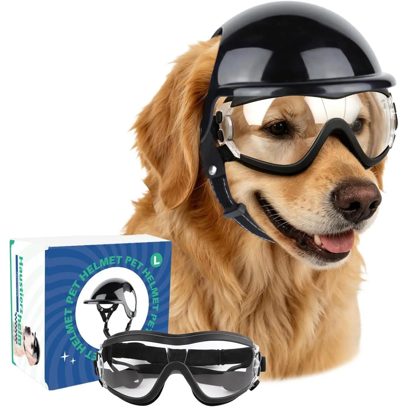 Dog Goggles and Pet Helmet Set Large Dog Sunglasses Anti-UV Windproof Safety Motorcycle Helmet with Ear Holes for Medium to Large Breeds Head& Eyes Protection Clear L