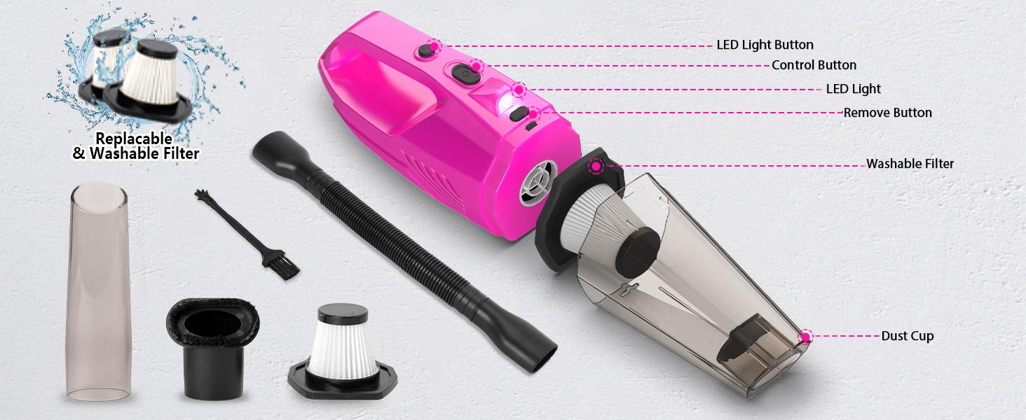Car Cleaning Kit, Car Vacuum Detailing Kit Interior with High Power Handheld Vacuum, Including 7Pcs Detailing Brush Set, Windshield Cleaner, Pink Car Accessories for Women