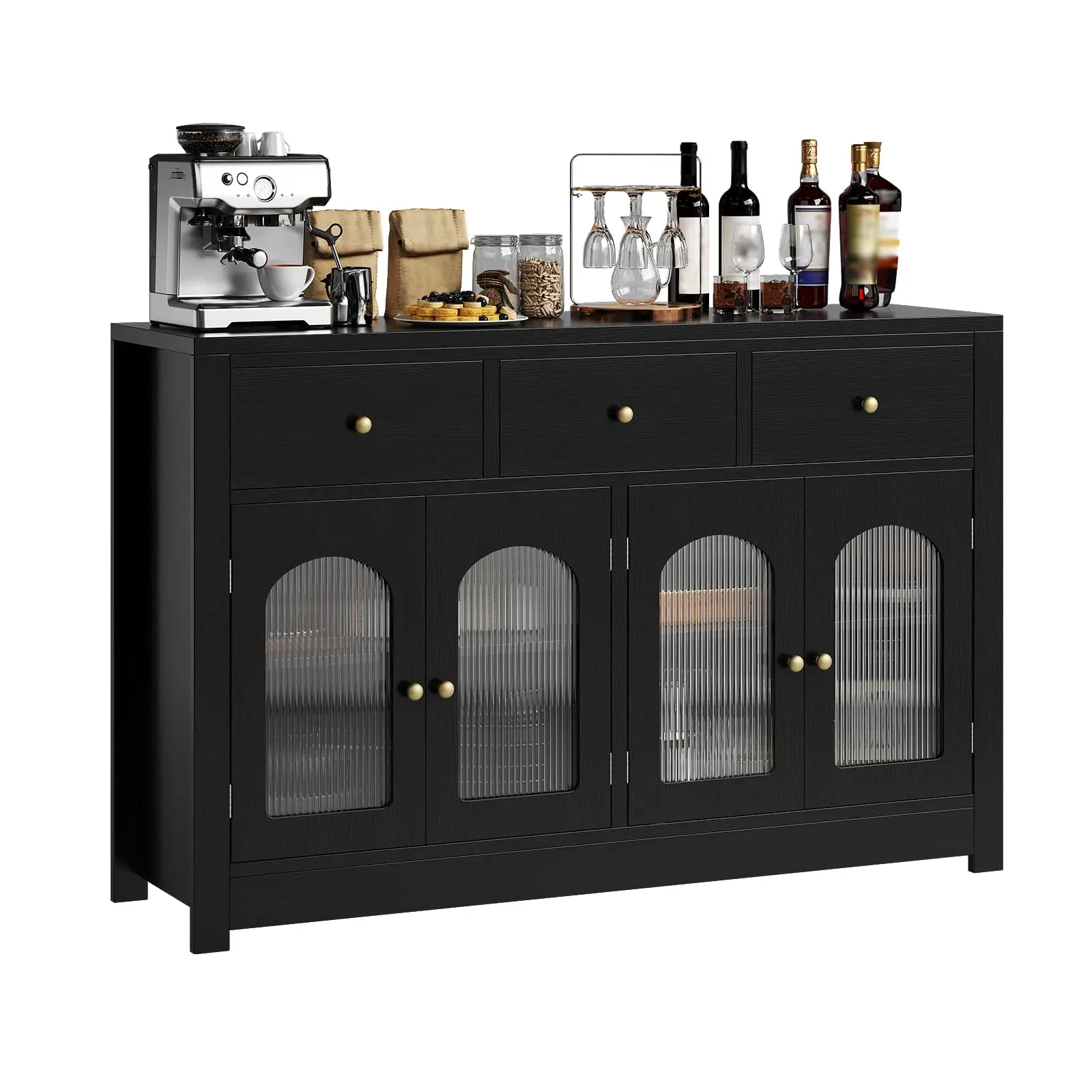 Farmhouse Sideboard Buffet Cabinet, Narrow Buffet Storage Cabinet with 3 Drawers and 4 Doors, Coffee Bar Table with Storage