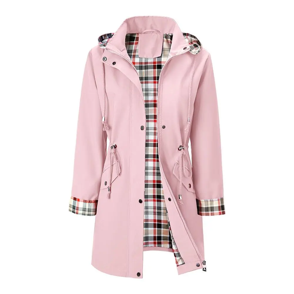 BIGWIG Women's Long Waterproof Outdoor Hiking Jacket, Hooded Waterproof Coat, Lightweight Outdoor Raincoat, Windproof Jacket, Checked Lining Jacket, Thin Sports Jacket, suitable for spring and autumn