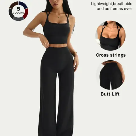 Two-Piece Lightweight Activewear Set, Sports Clothing Set, Sleeveless Crop Top & High-Waisted Straight Leg Pants, Comfortable Breathable Fabric, Ideal for Sports & Leisure