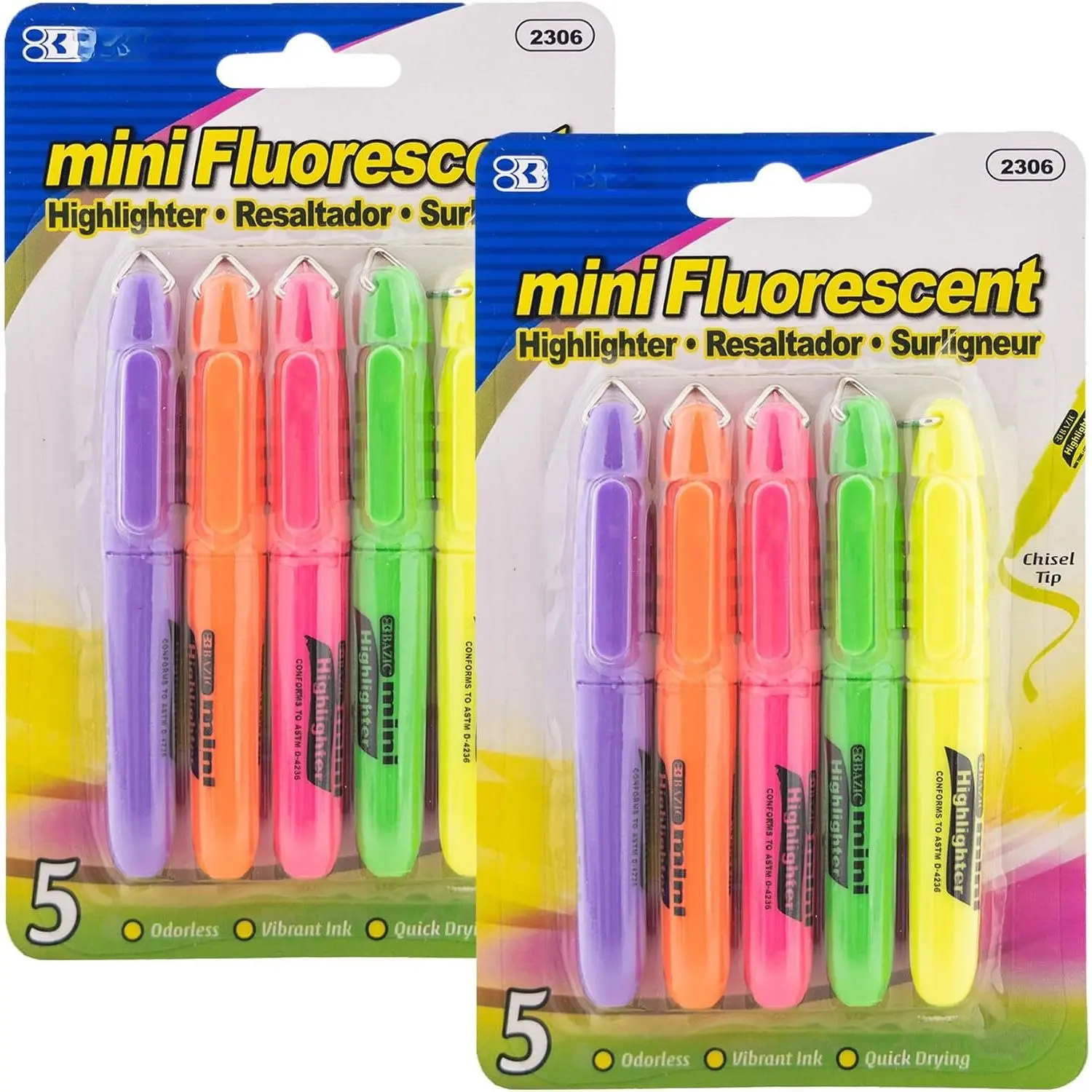 Mini Highlighters, Fluorescent, Chisel Tip, 5 Ct, 2-Pack |  fluorescent mini highlighters; compact; cap clip; Quick-dry; ; ASTM D-4236; odorless