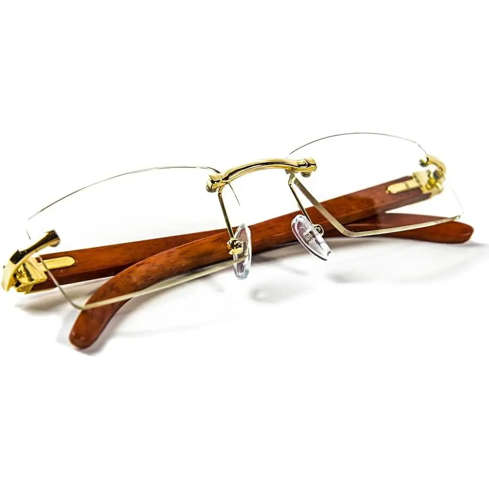 Retro 90's Rimless Clear Lens  Frame  Hop Rectangle Men Frameless Buffs Woodgrain Fashion Frameless Square Clear Tint Eye Glasses