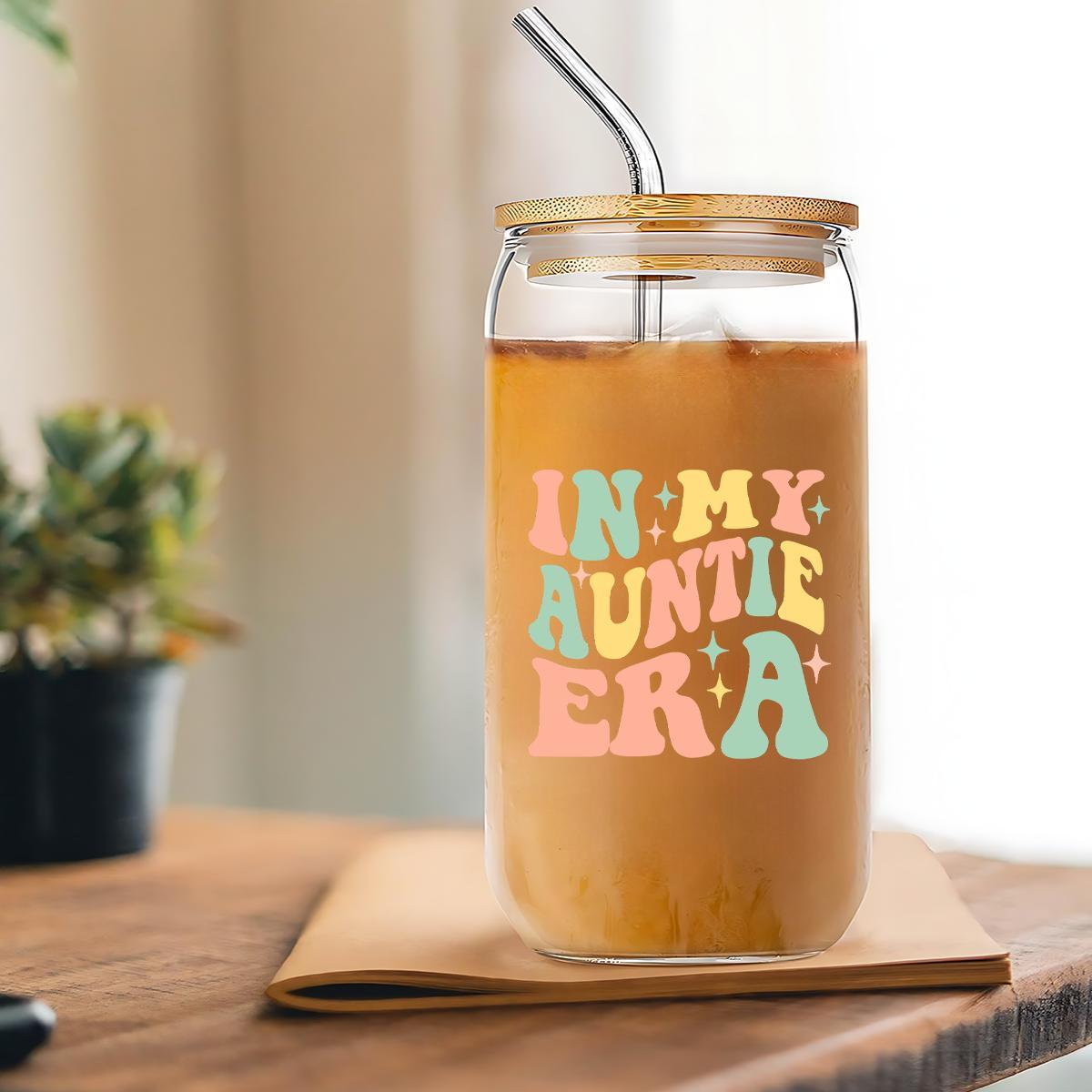 Portable 16oz Glass Cup with Straw & Brush, 1 Count Letter Pattern Coffee Cup, Drinking Cup for Home Office Use, Gift for Aunt, Birthday Gift, Tumbler Serving, Mom Tumbler, Kitchenware