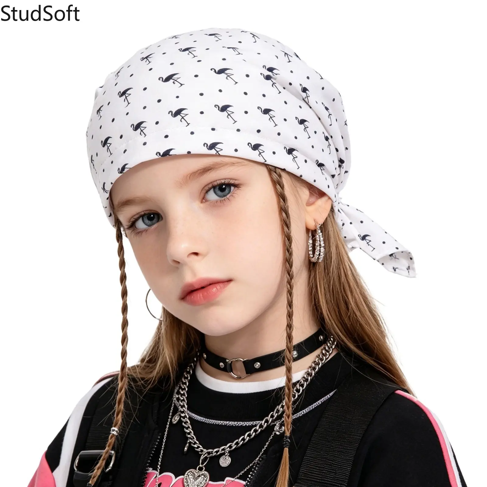 Kids Flamingo Polka Dot Bandana Turban for Girls Boys, Pre Tied Head Scarf Bonnet, Soft Elastic Hair Wrap Durag, Y2K Streetwear Hip Hop Sport Gift