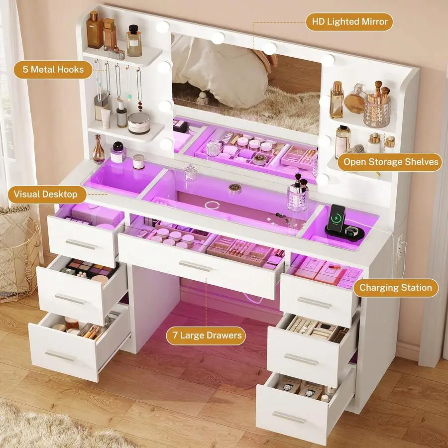 Minimalist Makeup Vanity Desk with Lighted Mirror, Glass Tabletop, 3 Color LED Lights & Power Outlet, RGB Lighted Drawers, Adjustable Dressing Table for Bedroom, White