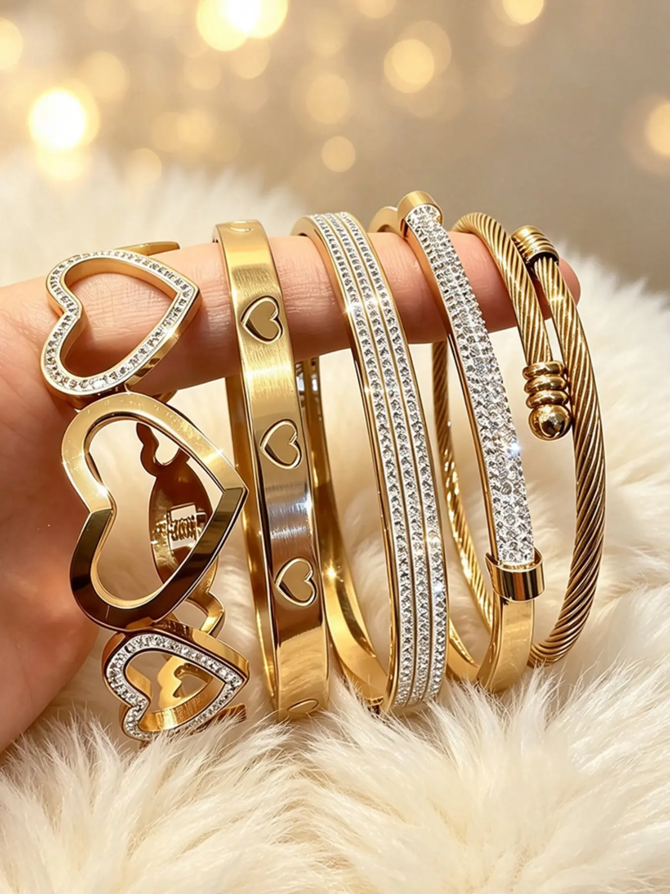 5-Piece Retro Trendy Stainless Steel Women's Bracelet Set, Creative Stackable Bracelets With Hollow Heart Designs, Featuring Sparkling Zircon Stones, Hypoallergenic And Waterproof Jewelry, Suitable For Both Men And Women For Daily Wear And Vacations