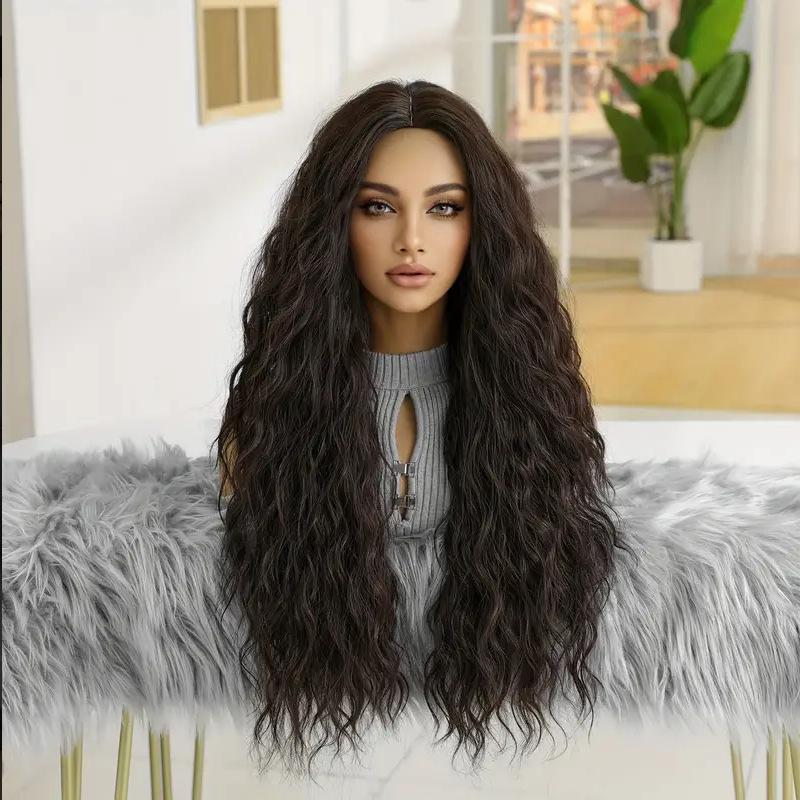 Cornrow African long curly wig, cornrow middle-part wig, curly black-brown wig, high-end appearance, realistic
