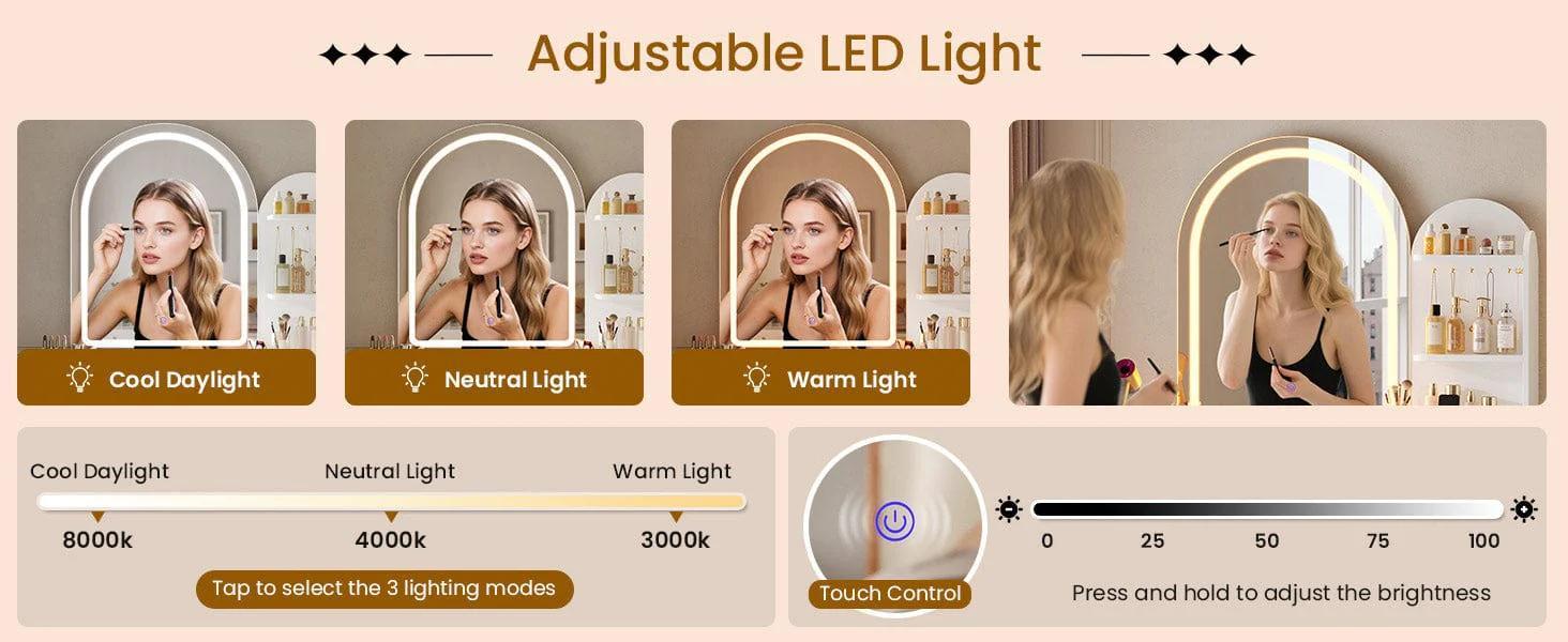 Arched Makeup Vanity with LED Lighted Mirror and Charging Station White