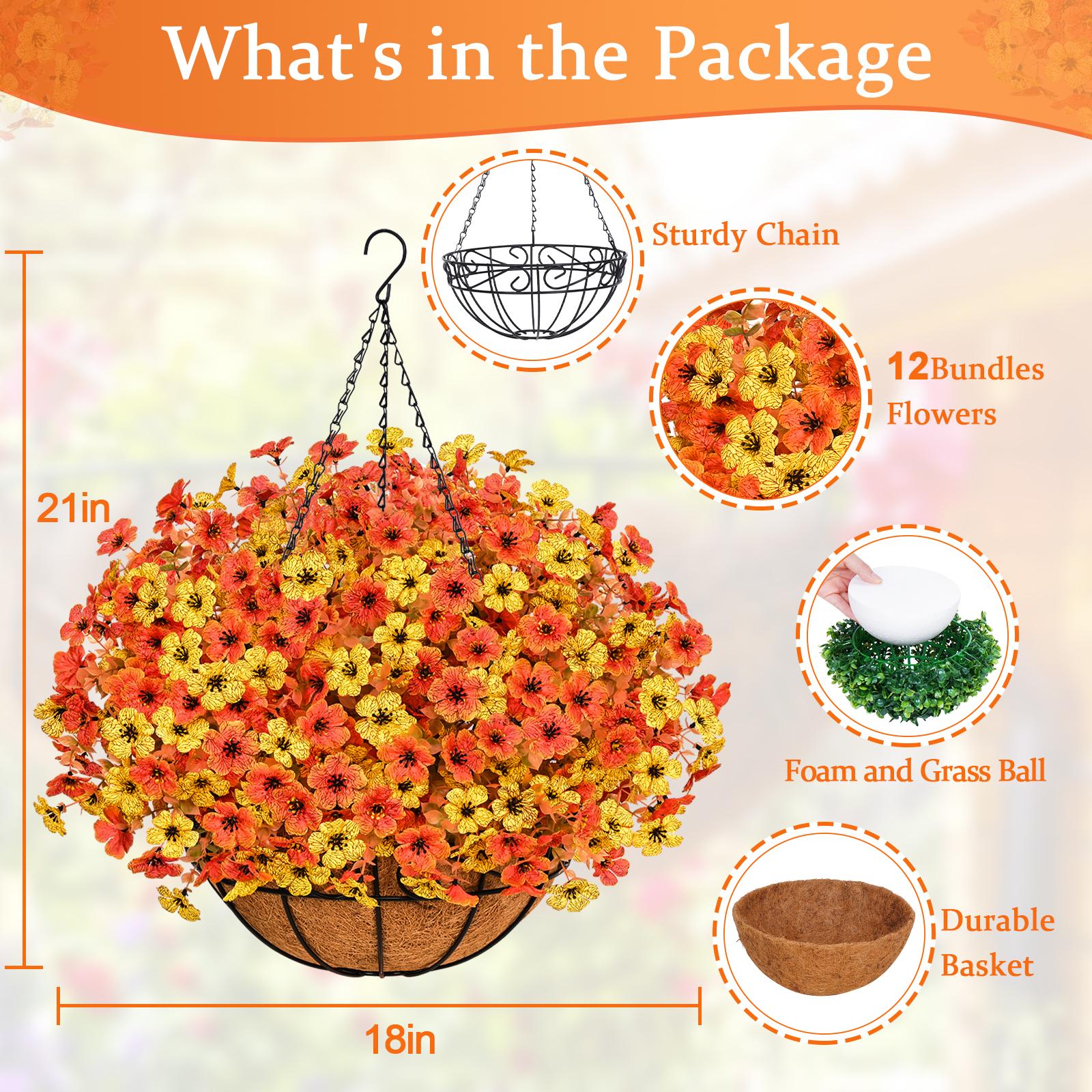 Artificial Fall Hanging Baskets for Outdoors Fake Hanging  Realistic UV Resistant Fall Flowers for Fall Decor Porch Patio Garden Decor OrangeYellow Decorative Fruit Nature Plants Yellow+Orange(12Pcs)