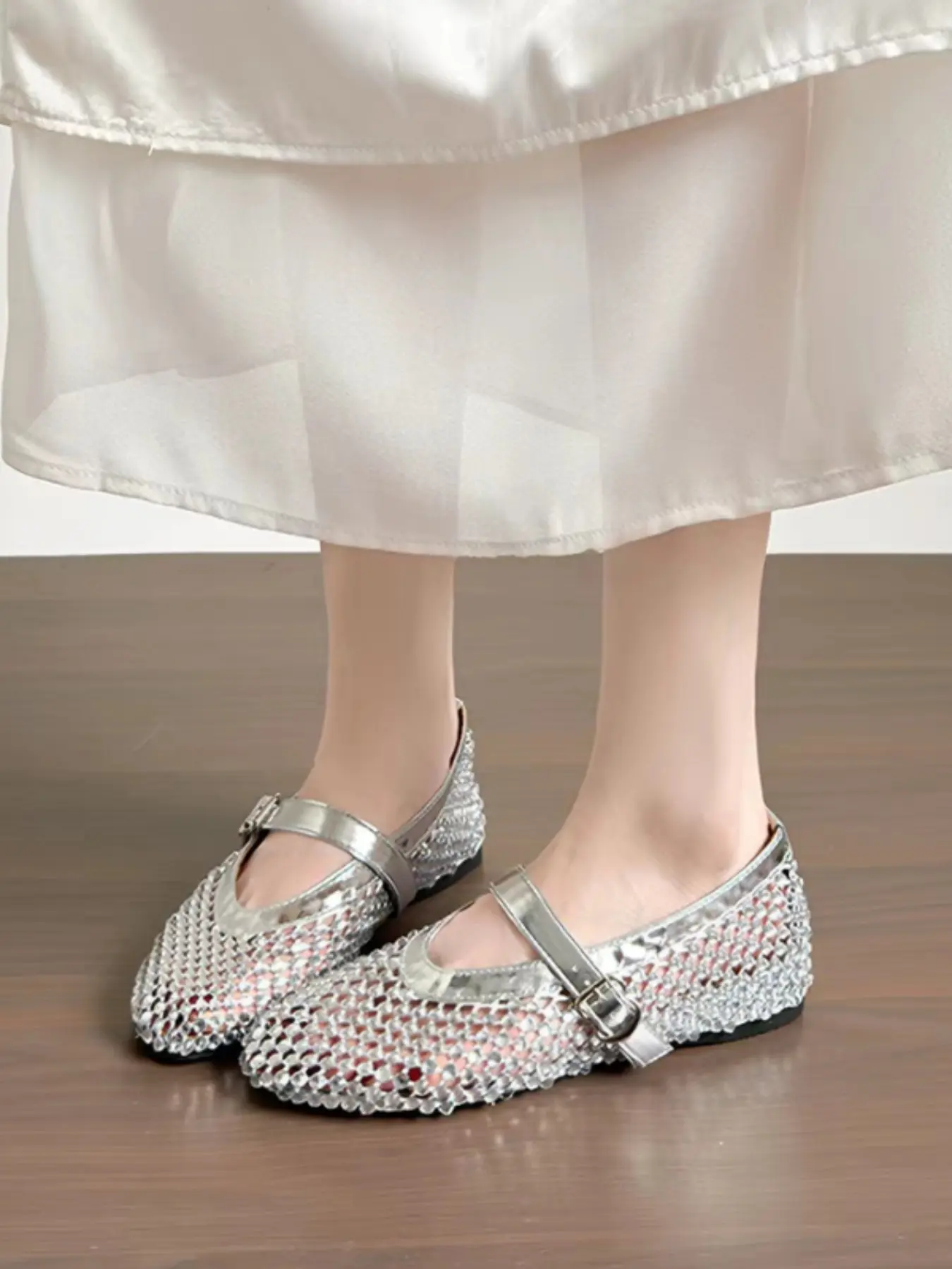 Women's Rhinestone Gingham Mary Jane Sandals, Fashion Flat Ballet Flats, Summer Casual Mesh Fabric, Rubber Sole, Less Than Ankle Height