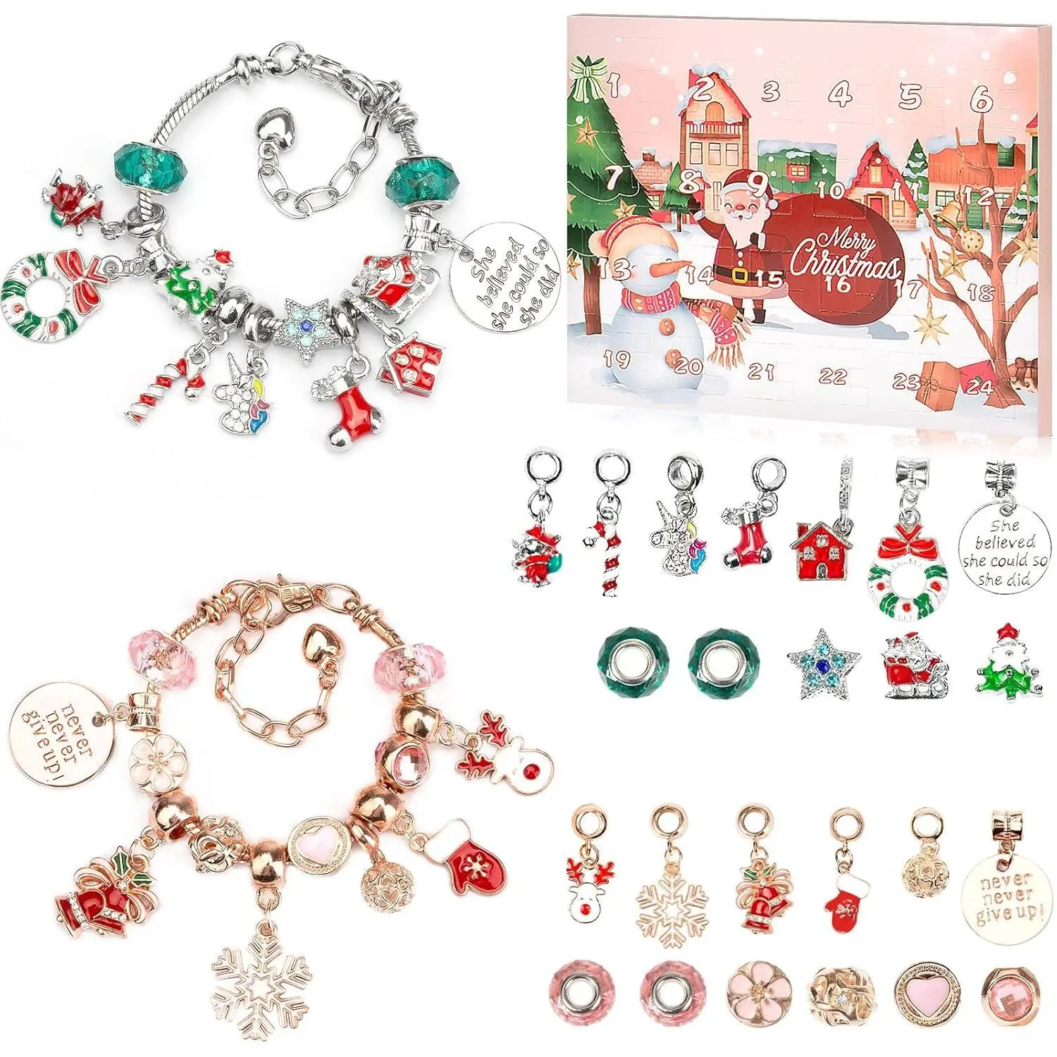 2024 Advent Calendar for Girls - 24 Days Pink DIY Charm Bracelet Gift with Rose Gold, Bells, Christmas Tree, Crown Accents for Holiday Season