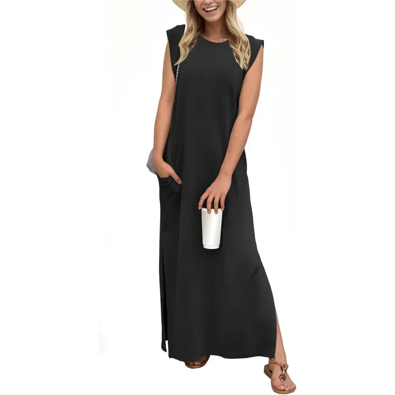Women's Creaseless Casual Dress, Sleeveless Round Neck Loose-Fit with Pockets and Side Slit for Vacation (XXS-4XL), Casual Wear, Creaseless Casual Dresses