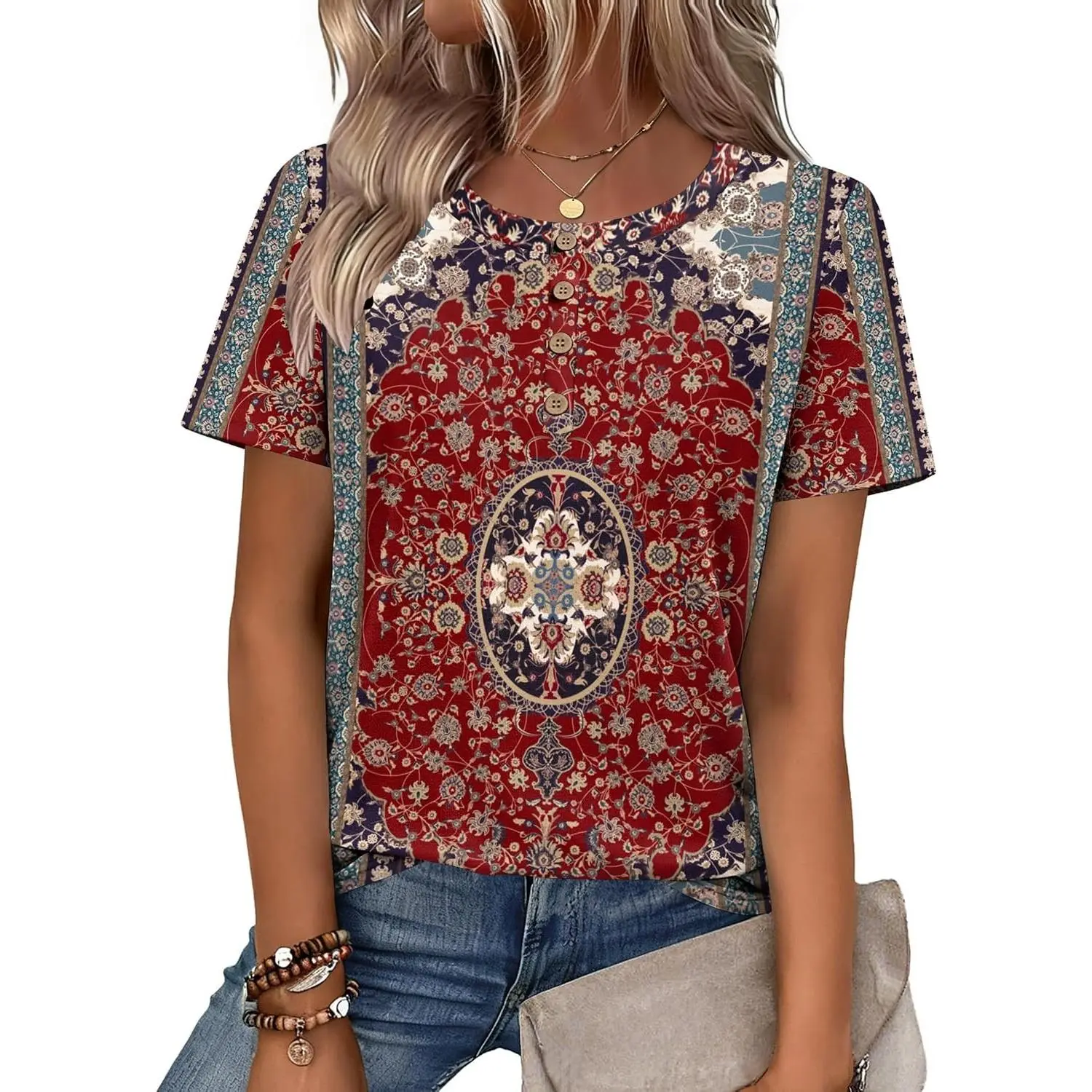 Women's Summer Short Sleeve Floral Henley Top Round Neck Casual Business Blouse(Gift)