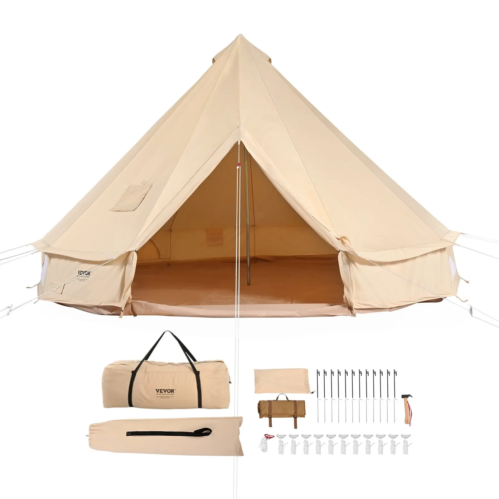 【Summerfinds】VEVOR Canvas Bell Tent, 4 Seasons 4 m/13.12 ft Yurt Tent, Canvas Tent for Camping with Stove Jack, Breathable Tent Holds up to 6 People, Family Camping Outdoor Hunting Party