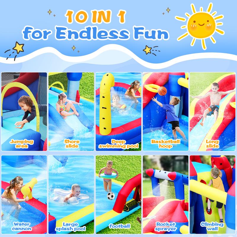 Bounce House Waterslide for Kids & Adults,Inflatable Bouncer Jumper Slide,Inflatable Party Pool Slide,10 in1 Inflatable Slide Water Park  Bouncing House Garden with Splash Pool & Water Gun & Basketball & Climbing Wall & Dual Pools & Soccer