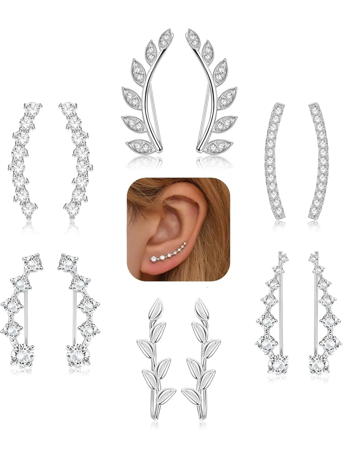 6Pairs Ear Cuffs Climber Hoop Earring CZ Arrow Crawler Stud Earring Jacket for Women