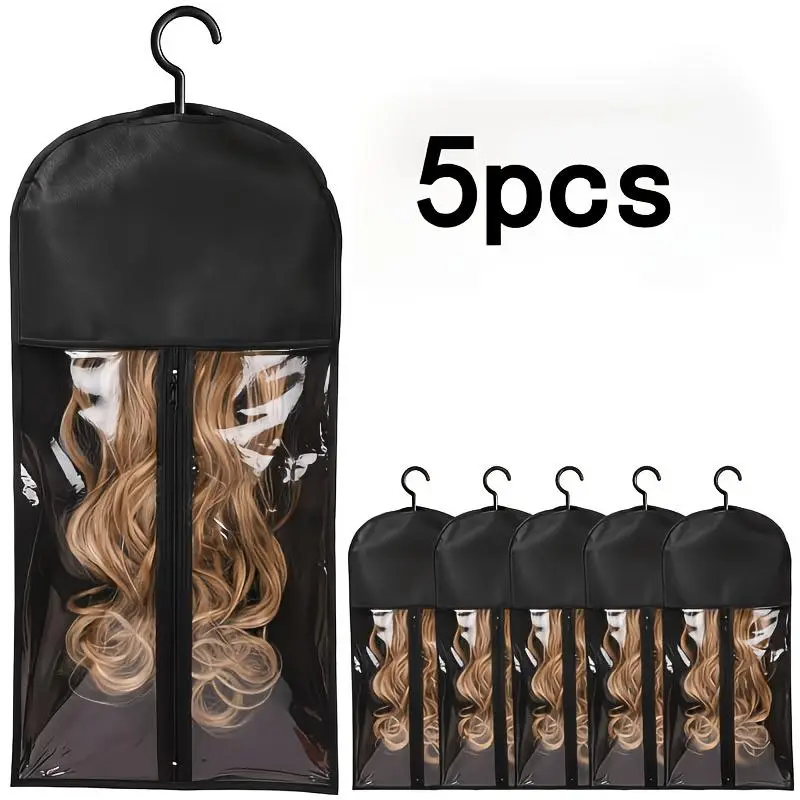 PP-5 Wig Storage Bags with Hooks, High-quality Dust-proof Wig Hook Set with Bangs Design, Saving Space, Including 5 Storage Bags/23.62 Inches+6 Wig Hooks, Suitable for Wig Storage And Storage, Essential Tools for Storing Wigs